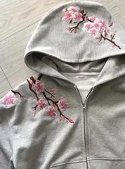 Y2K Vintage Oversized Cherry Blossom Embroidered Hooded Jackets Pink Zipper Coat Harajuku Hip Hop Graphic Streetwear
