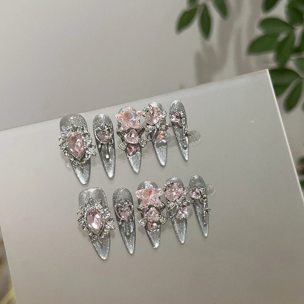 Sweet Lovely Cartoon Bear Long Coffin Stiletto Fake Nails Bowknot Pearl Diamond Flowers Cat Eyes Wearable Fake Nails