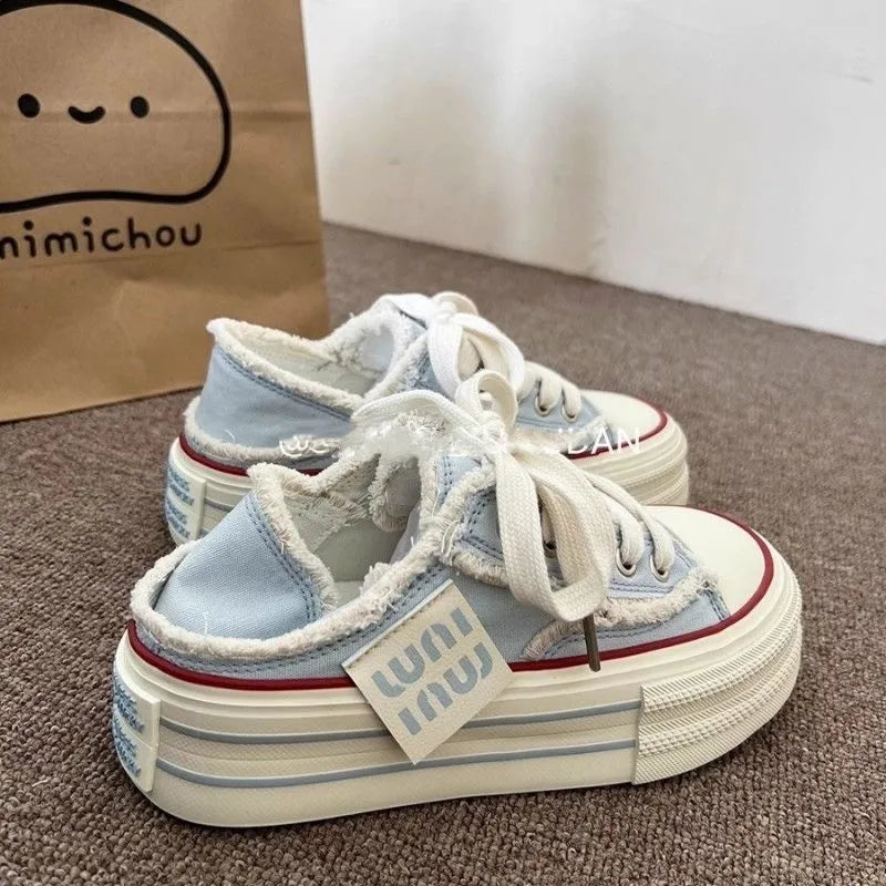 Casual Height Increasing Platform Canvas Shoes Outer White Sneakers Slipper Slip on Sandals Vulcanize Shoes