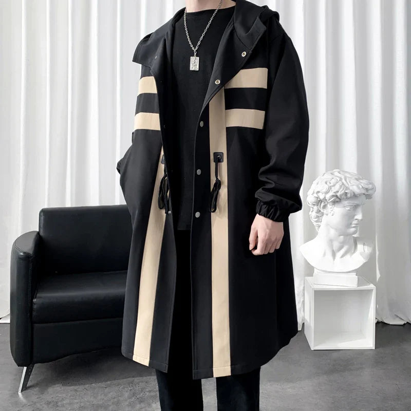 Trench coat Windbreaker Patchwork Color Medium Long Trenchcoat Korean Covered Button Male Hooded Trench Jacket