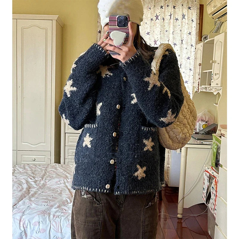 Vintage Star Knitted Cardigan Harajuku Print Sweater Outerwears Korean Long Sleeve Knitwears Ladies Casual Jumpers