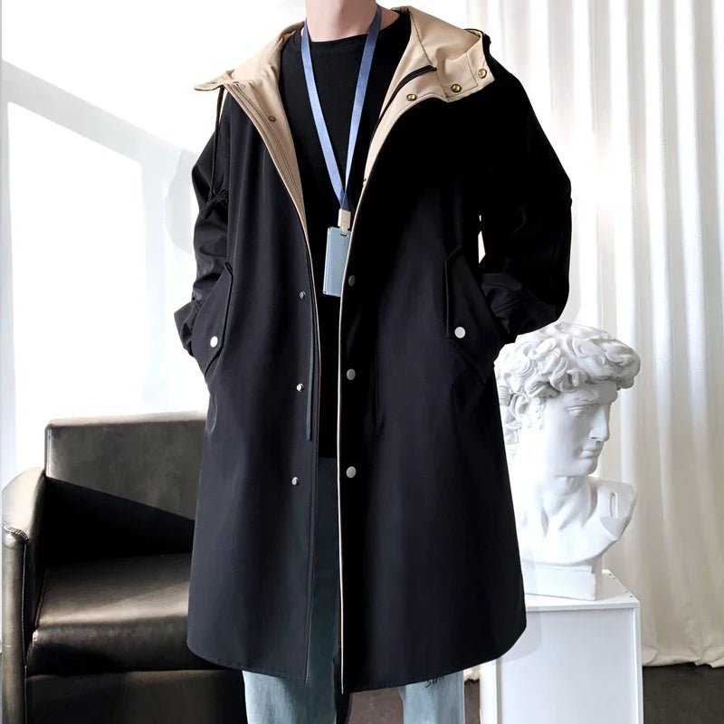 Trench Turn Down Collar Hooded Trenchcoat Single-breasted Loose Windbreaker Casual Overcoat Fake Two Piece