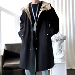 Trench Turn Down Collar Hooded Trenchcoat Single-breasted Loose Windbreaker Casual Overcoat Fake Two Piece
