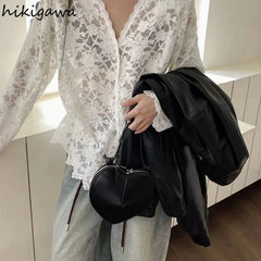 Long Sleeve Lace Blouses Clothing Blusas Mujer De Moda Hollow Out Tops See Through White Shirts