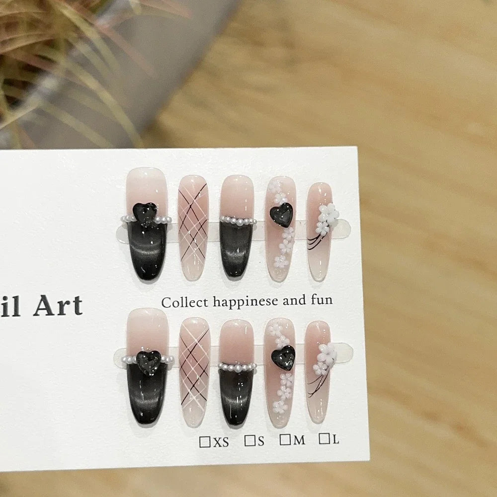 Sweet Lovely Cartoon Bear Long Coffin Stiletto Fake Nails Bowknot Pearl Diamond Flowers Cat Eyes Wearable Fake Nails