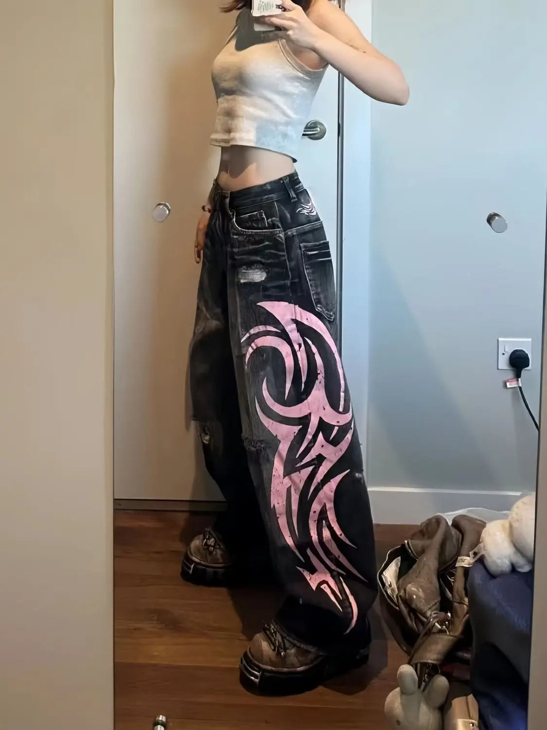 Y2K American Vintage Mottled Totem Print Baggy Jeans High Waist Wide Leg Jeans Harajuku Trendy Hip-hop Jeans