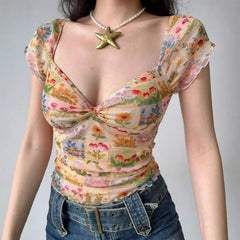 Floral Print Mesh Slim Fit Crop Top Deep Neck Short Sleeve T-Shirt Spicy Girl Top