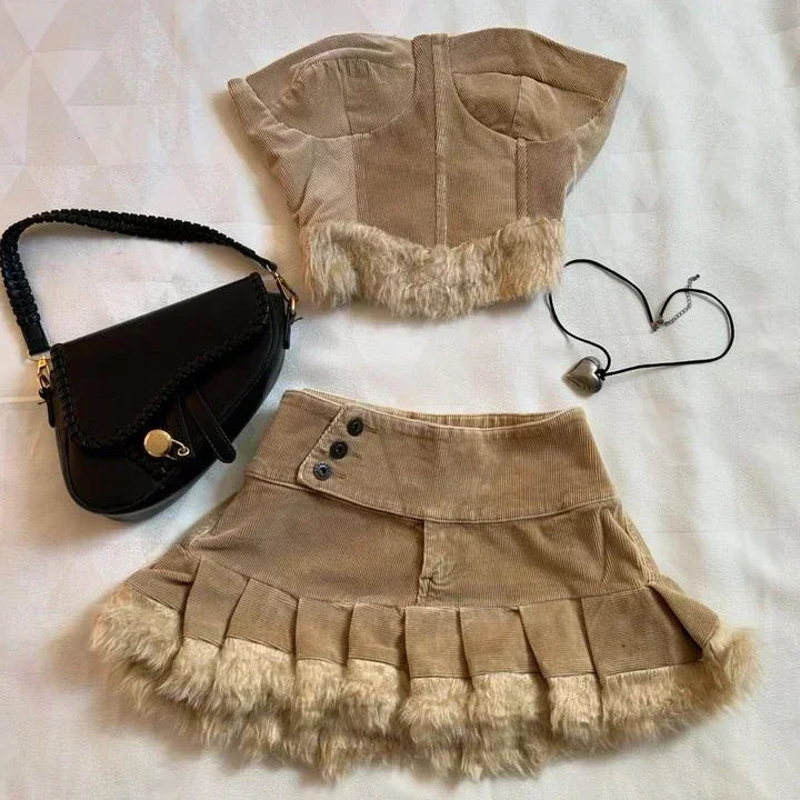 Y2K Black Leather Spliced Denim Two Piece Set Harajuku Zipper Long Sleeved Jacket Pleated Skirt Motorcycle Suit