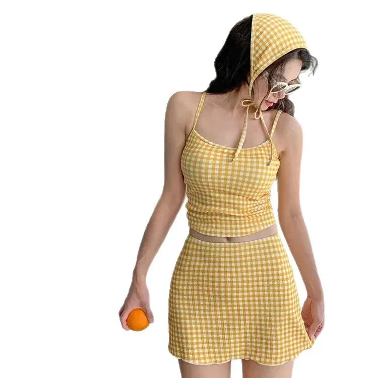 Three-Piece Swimsuit Slimming Cover-Up Holiday Beauty Checkered Pattern Conservative Korean Style Bikini Set