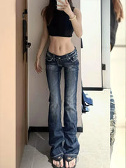 Y2K Gothic Embroidery Diamonds Denim Pants Harajuku Retro Hip Hop Low Waist Jeans Girl Casual Straight Jeans