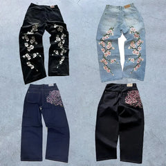 Harajuku Hip Hop baggy jeans Y2K goth plum blossom Embroidered jeans man American style street wear