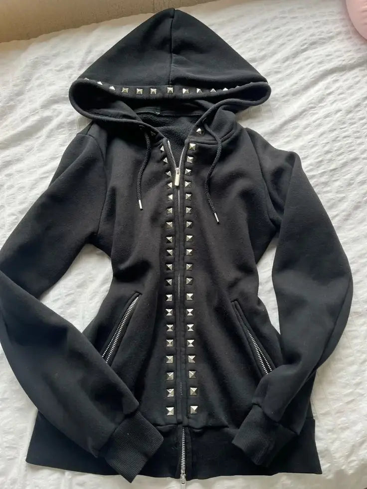 Y2K Gothic Drawstring Design Black Zipper Sweatshirt Jacket Coat Harajuku Letter Graphic Slim Hoodie Clothing