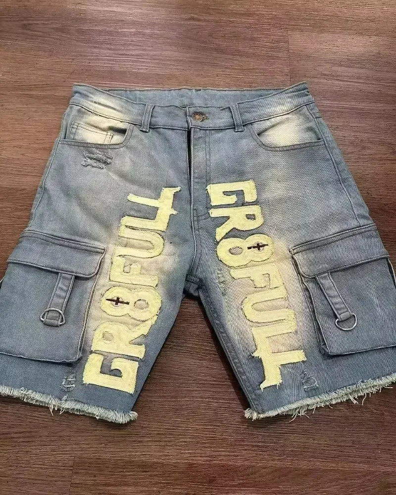Y2K Denim Shorts Patch Vintage Shorts Street Hip Hop Harajuku Punk Loose High Waist Wide Leg Pants