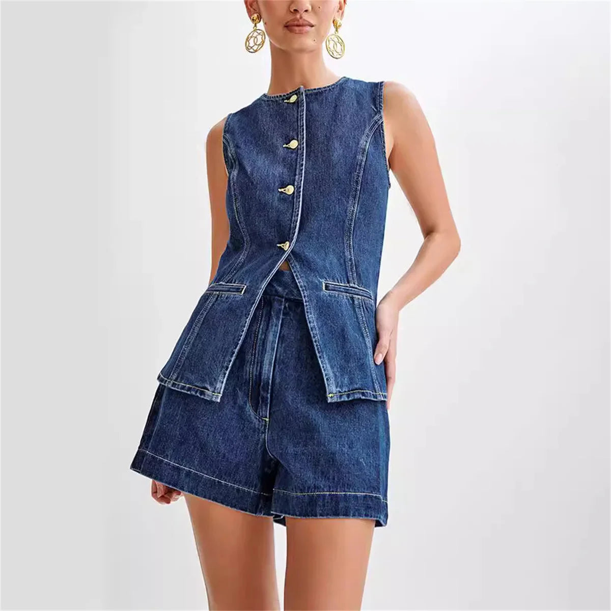 Denim Shorts Suit Sleeveless O-neck Single Breasted Split Top Vest High Waist Wide Leg Shorts Lady Sets