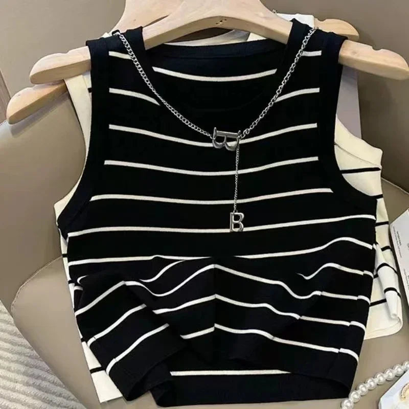 Striped Stretch Vest Basic Versatile Short Top Clothing