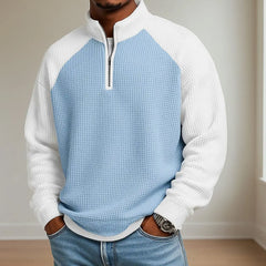 Casuals Sweatshirt Vintage Patchwork Waffle Plaid Textured Pullovers Stand Collar Zipper Jumper