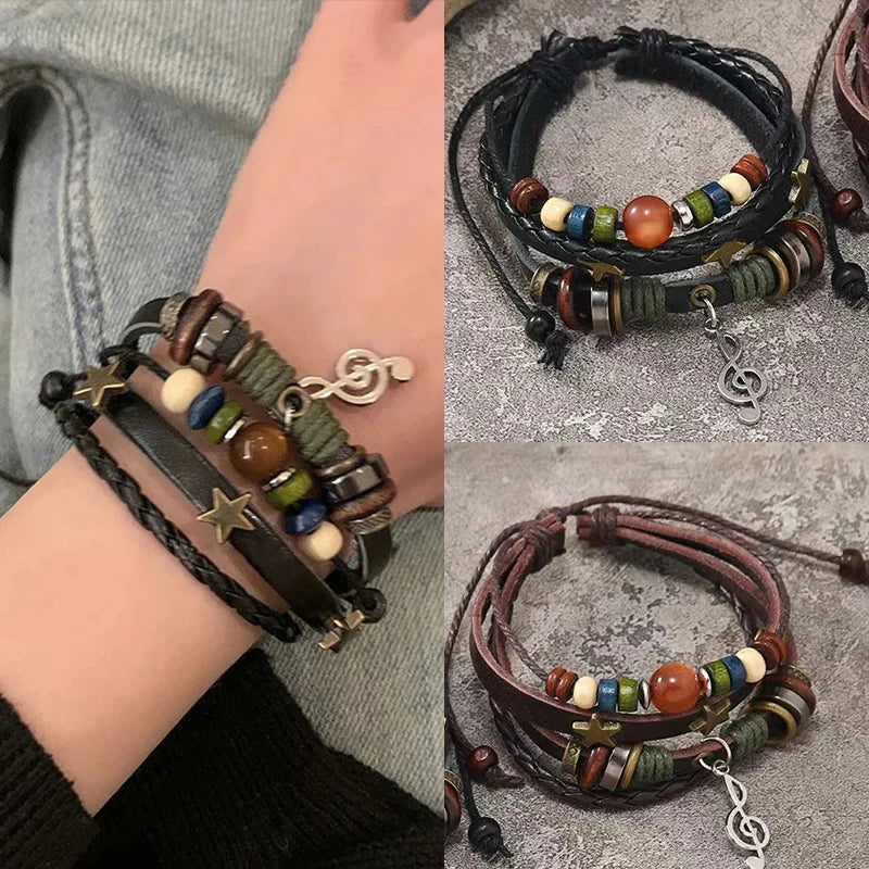 Handmade Hippie Design Brown Leather Bracelet Metal Star Note Charms Wood Button Beads Wrap Unisex Adjustable Bracelet
