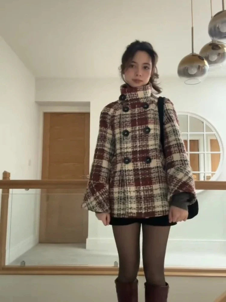 Warm Checkered Turtleneck Shoulder Straight Coat Double Breasted Full Sleeve Middle Long Coat Lady Chic Coat