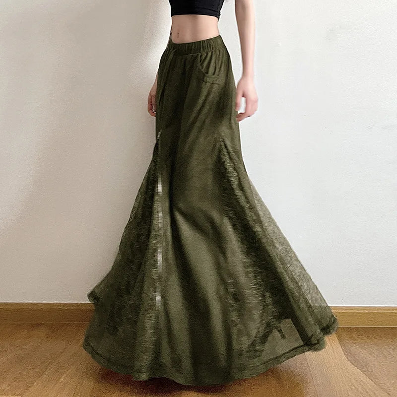 Vintage Suede Nap Lace Patchwork Hem Zip Long Skirt Cyber Y2K Chic Drawstring Pocket A-line Skirts Lady Grunge Streetwear