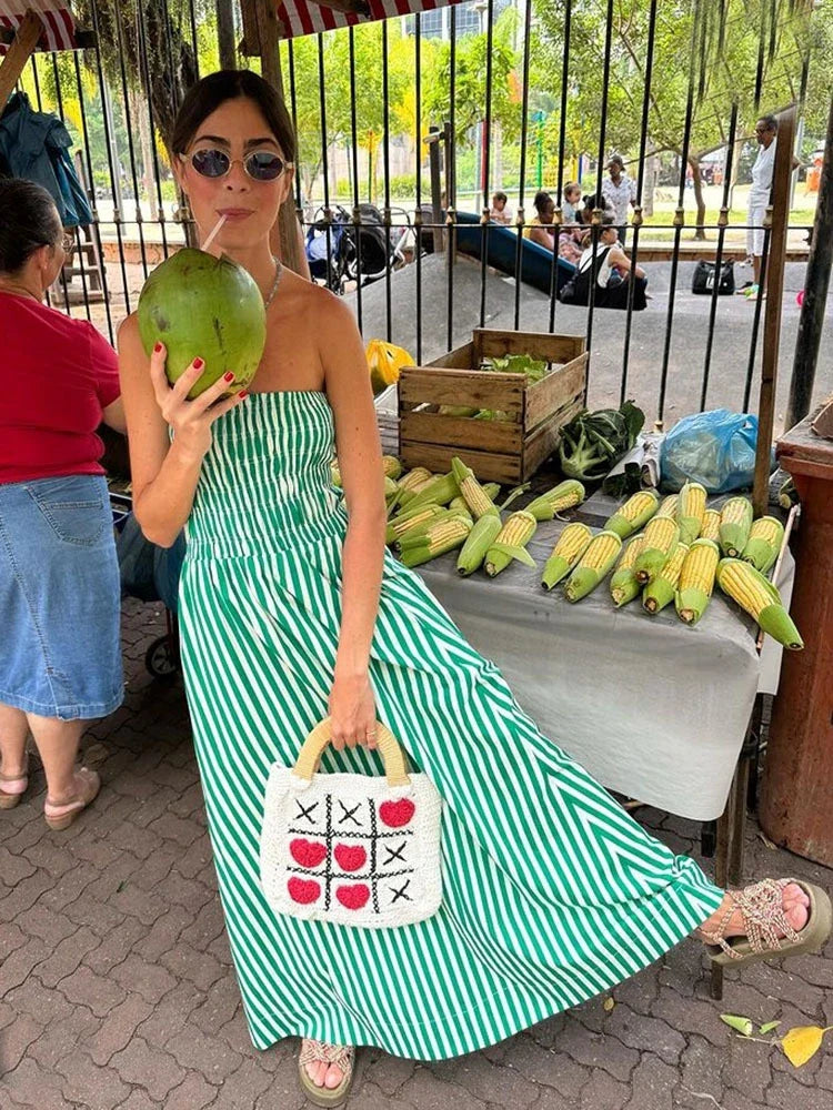 Green Striped Stripless Dress Casual Off Shoulder Backless Maxi Dress Beach Holiday Party Dress Outfits