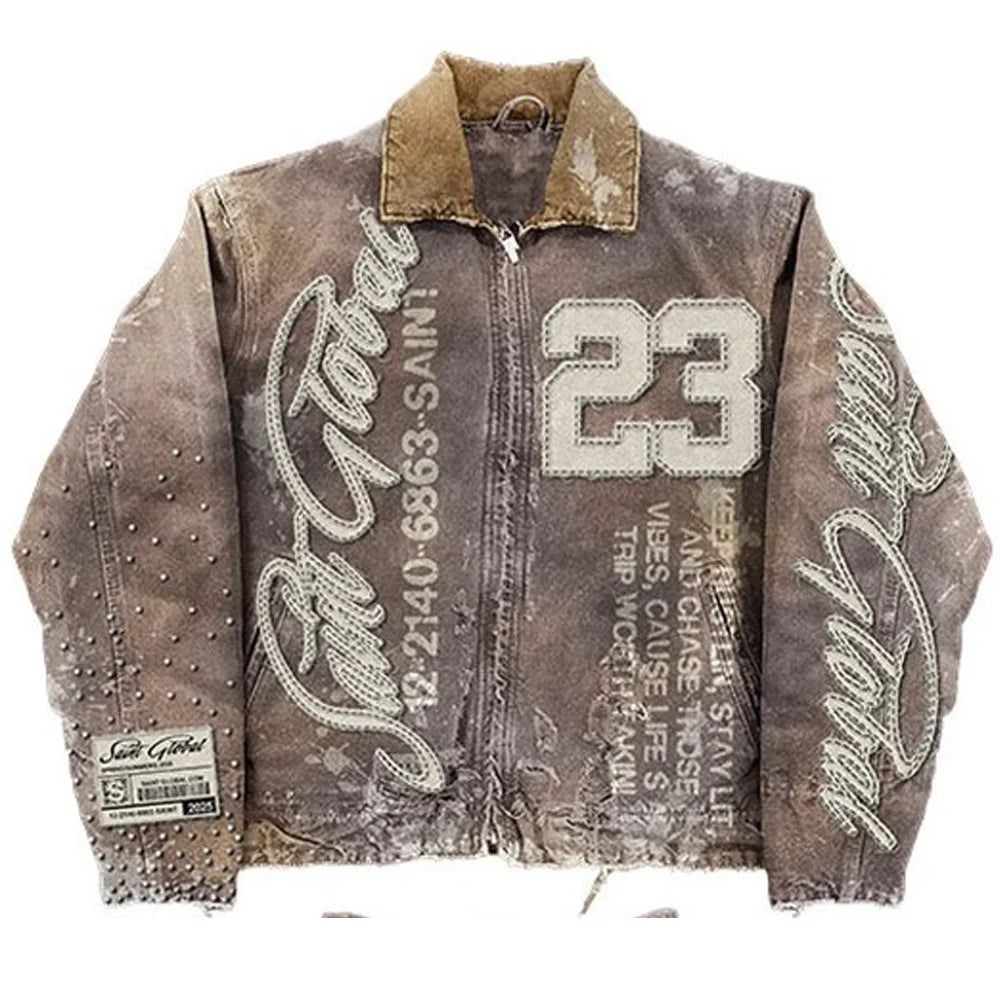 American Retro Washed Brown Jacket Y2K Clothes Letter Patch Embroidery Sequins Rhinestones Design Oversized Coats Casual Top