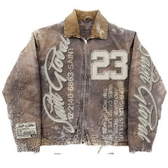 American Retro Washed Brown Jacket Y2K Clothes Letter Patch Embroidery Sequins Rhinestones Design Oversized Coats Casual Top