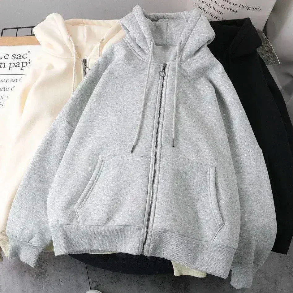 Korean Simple Gray Double Sided Oversized Zipper Hoodie Y2K Harajuku Gothic Casual Joker Couple Sweatshirt