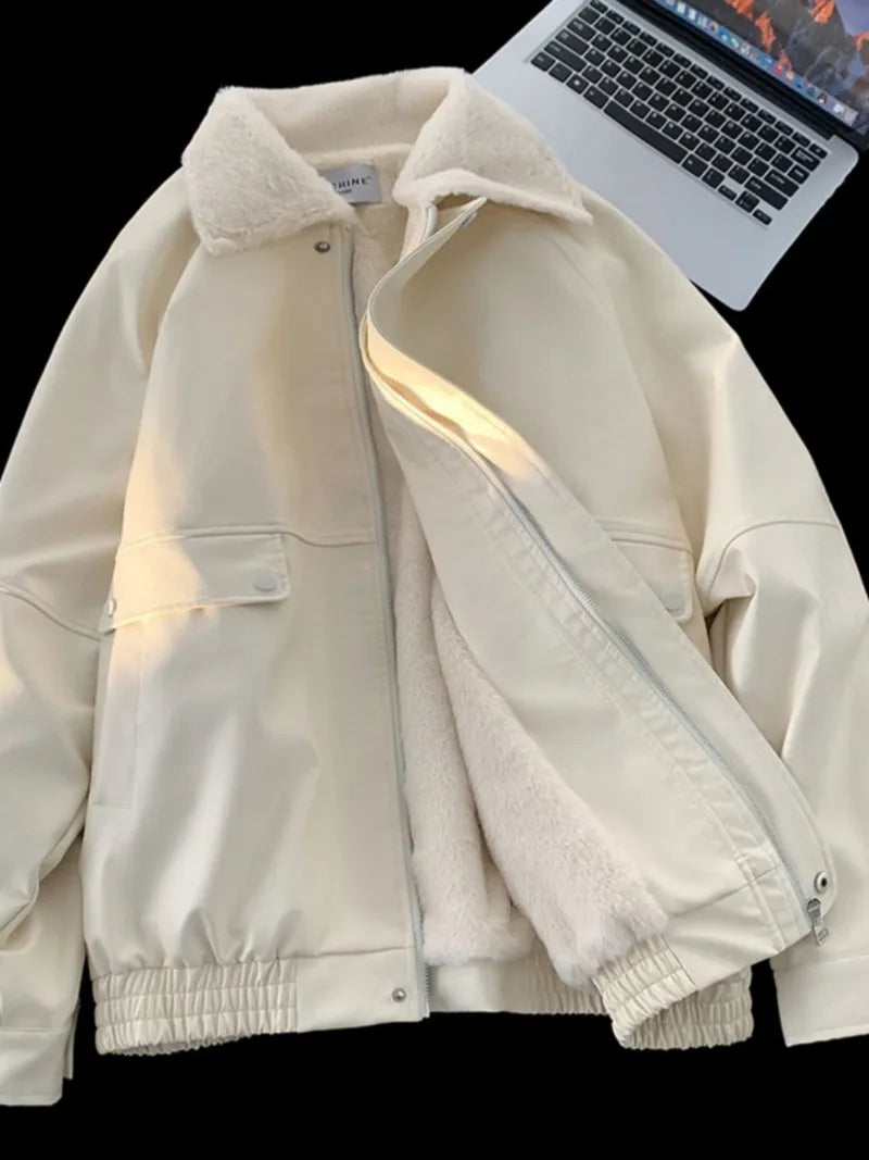 Y2K Lapel Leather Coat Cotton-padded Jacket Coat High Street Vibe Vintage Casual Pilot Jacket Cotton-padded Jacket