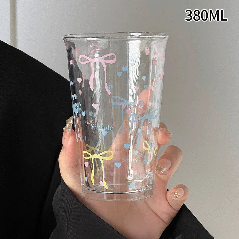 INS Pink Bow Glass Cups Iced Coffee Mug Clear Drinking Glasses Tumbler Milk Tea Juice Water Cup Dessert Cups Drinkware 260-380ML