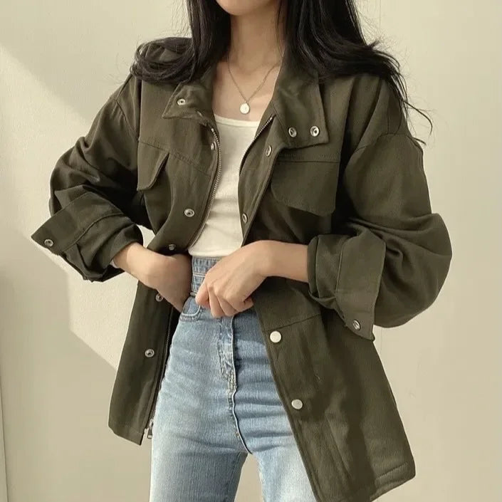 Retro Korean Chic Utility Jacket Waist Cinching Drawstring Slimming Coat Fake Pocket Design Elegant Style