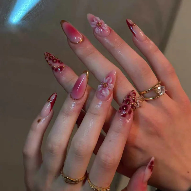24PCS Simple Ins Dark Pink Blush 3D Flower Almond False Nails with Glue Leopard Print French Spice Girls Fake Nail Tips Press On