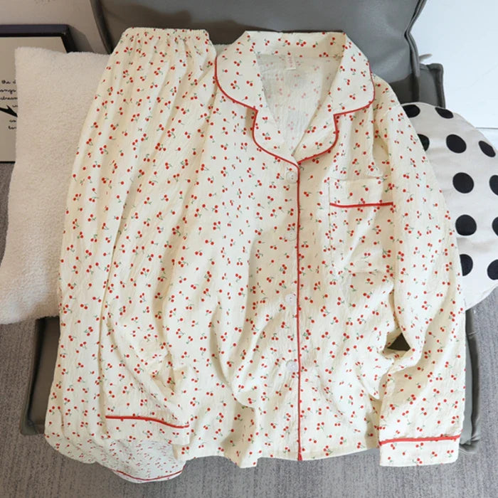Print Flower Soft Thin Pajama Set Casual 2 Pieces Pajama Set Full Length Sleepwear
