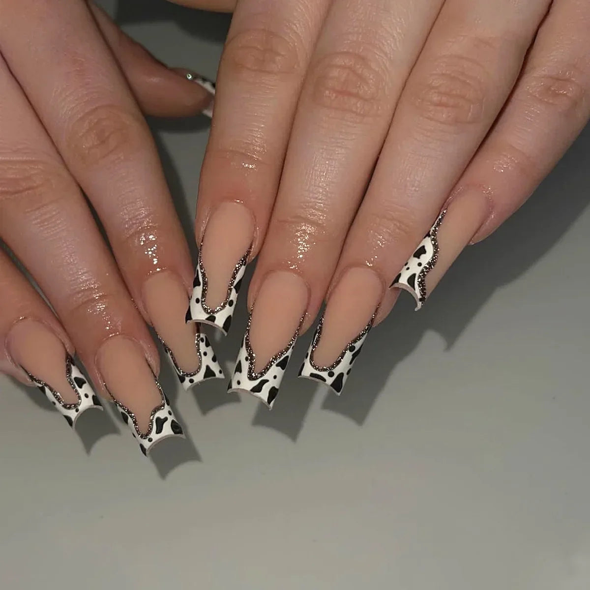 24Pcs Long Coffin Leopard Print False Nails with Glue Sweet Cool Diamond Fake Nail Set Floral French Press on Wearable Nail Tips