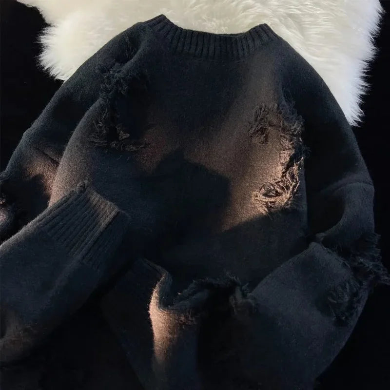 and y2k Streetwear Retro Hole Fringed Sweater Loose Versatile Sweater