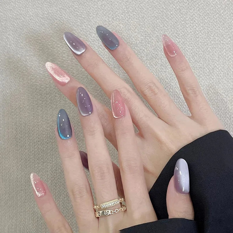 24Pcs Almond Pure Handmade Press On Nails Full Cover Butterfly French Pearl Diamond False Nails Wearable Manicure Nail Tips Art