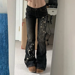 -Floral Embroidery Jeans Vintage 2000s Low Rise Flared Jeans Retro y2k Baggy Denim Pants High Street Basic Trousers