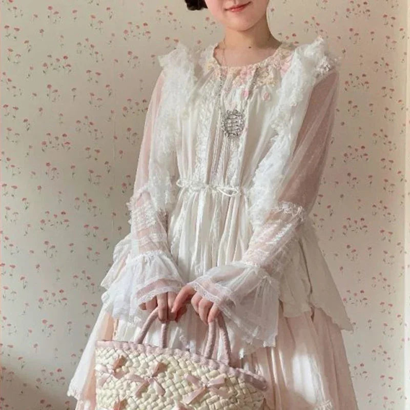 Lolita Sweet Shirts Lace Mesh Harajuku Blouse Y2K Long Sleeve Preppy Style Cardigan Japanese Ruffles Tops