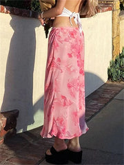 Floral Long Skirts Low Waist Chiffon Flowy Straight Skirt Fall Bohemian Casual Retro Skirts