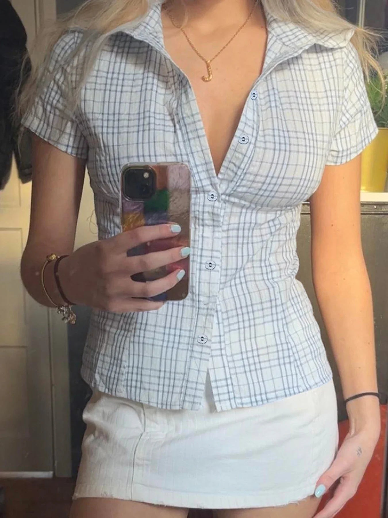 Rockmoer French Stripe Blouse Button-up Lapel Slim Shirt Y2K Vintage Street Elegant Short Sleeve Tops Preppy Downtown Girl