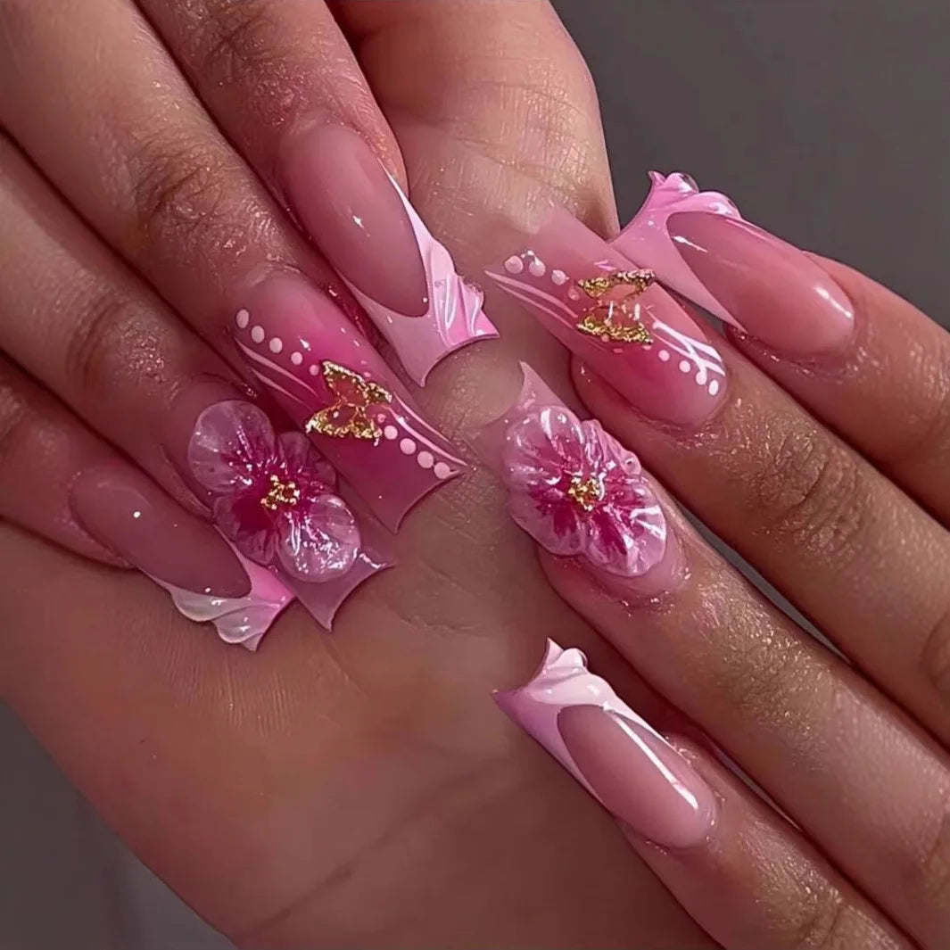 24pcs Rhinestones Full Cover Nail Art Datachable Glitter French Press on Nails Tip Flower Long Square Fake Nail Pink False Nails