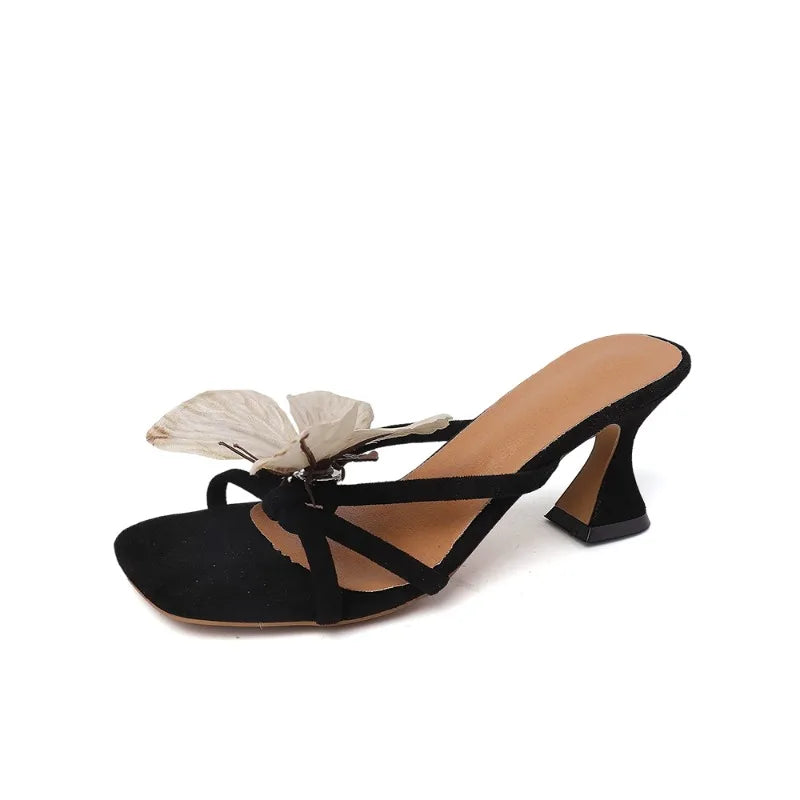Designers Open Toe Butterfly-knot Slippers Slip On Ladies Elegant Thick Heel Dress Slides