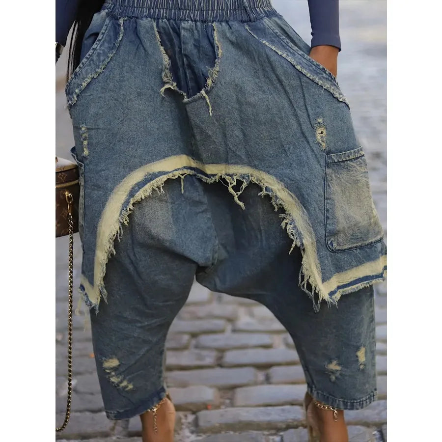 Jeans Harem Pants Hip Hop Punk Denim Pant Hole Elastic Waist Washed Distressed Pockets Streetwear Ripped Trousers