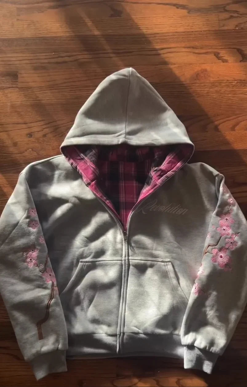 Y2K Vintage Cherry Blossom Embroidery Zipper Hoodie Harajuku Loose Reversible Simple Grid Jacket Pink Coat Streetwear