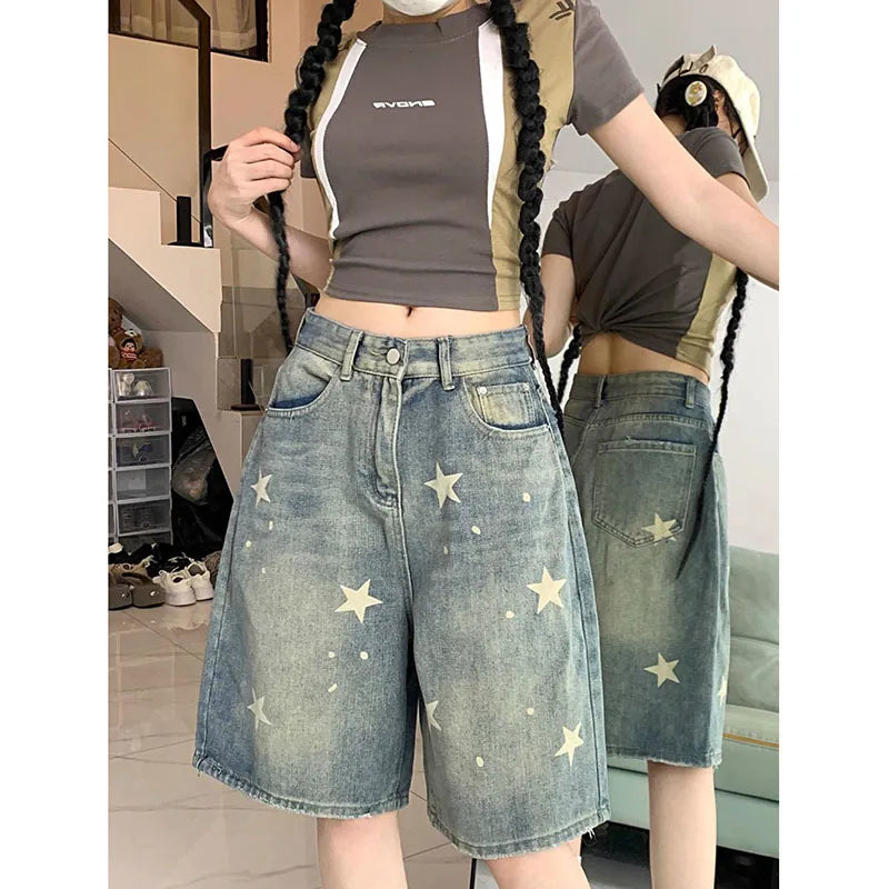 American Style Vintage Short Jeans High Waisted Washed Wide Leg Denim Pants Do Old Star Knee Length Shorts