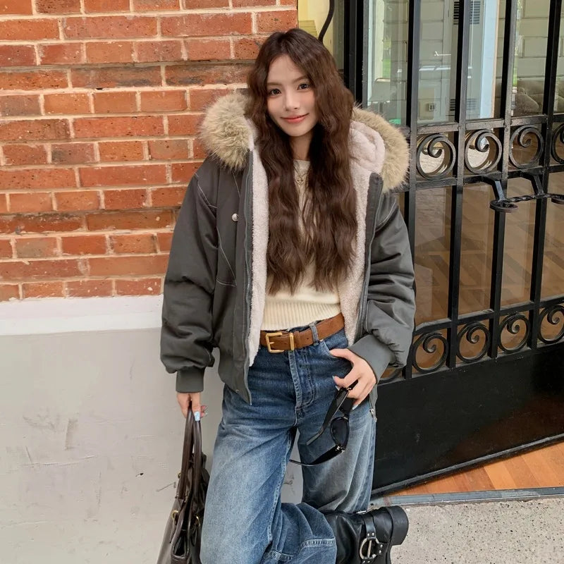 Cotton Padded Jacket Outerwear Thick Warm Oversize Short Coat Hooded Long Sleeve Fur Collar Parkas
