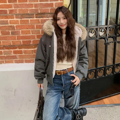 Cotton Padded Jacket Outerwear Thick Warm Oversize Short Coat Hooded Long Sleeve Fur Collar Parkas