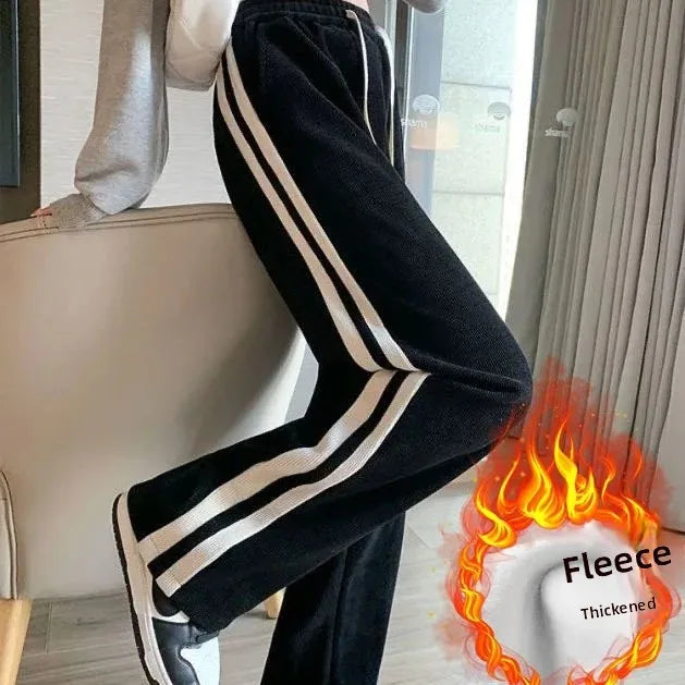 High Waist Thickened Fleece Lined Corduroy Pants Casual Straight Leg Trousers Color Block Stripe Design Trendy Long Pant