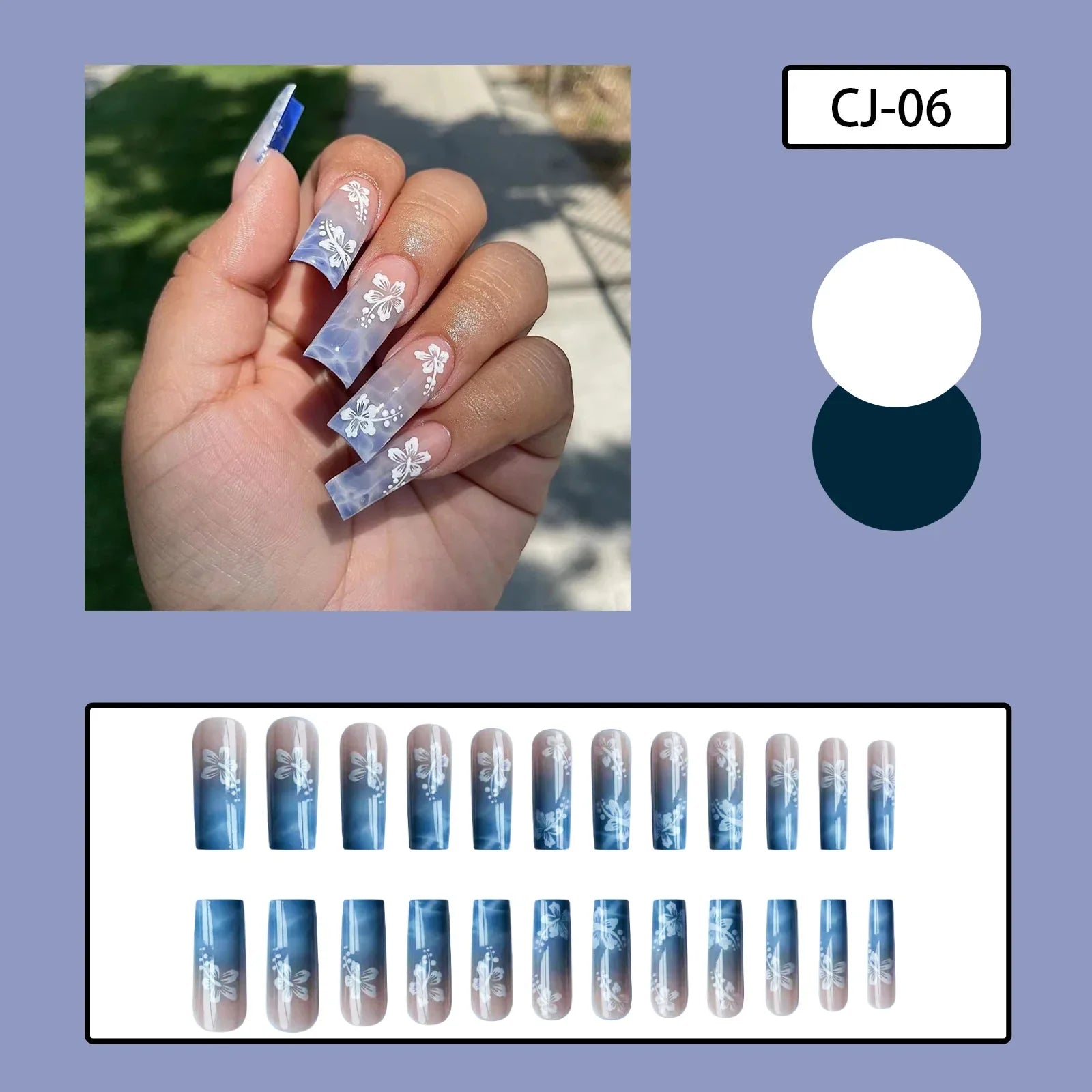 24pcs Y2k Sea Blue Gradient Fake Nails With Water Ripples Designs Long Square Coffin False Nails Set Press On Nail Tips
