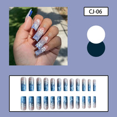 24pcs Y2k Sea Blue Gradient Fake Nails With Water Ripples Designs Long Square Coffin False Nails Set Press On Nail Tips