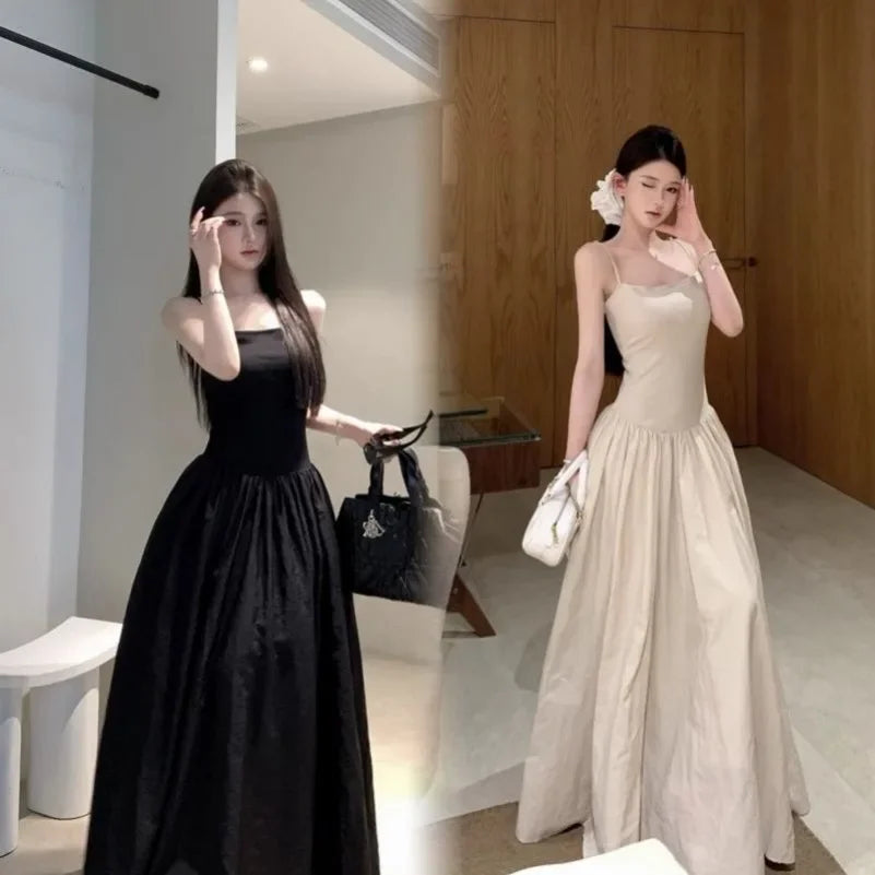 Temperament Apricot Suspender Dress Gentle Vacation Style Waist Cinched Backless Big Swing A-line Long Skirt Q147